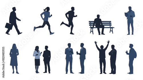 Silhouettes of people in various poses and activities, representing modern life and movement
