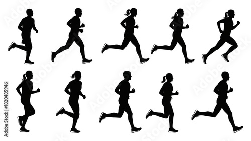 Dynamic collection of athletic people silhouettes in various running poses, illustrating exercise and active movement