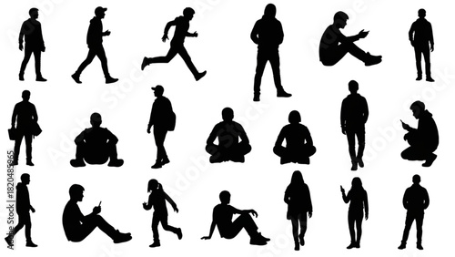 Diverse set of human figure silhouettes in multiple poses for creative concepts and design