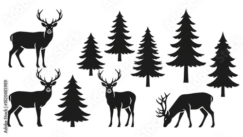 A collection of majestic wild stag deer and evergreen pine tree silhouettes isolated on white