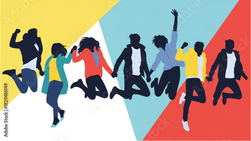 Energetic silhouettes of diverse young people jumping with joy, celebrating unity and shared success