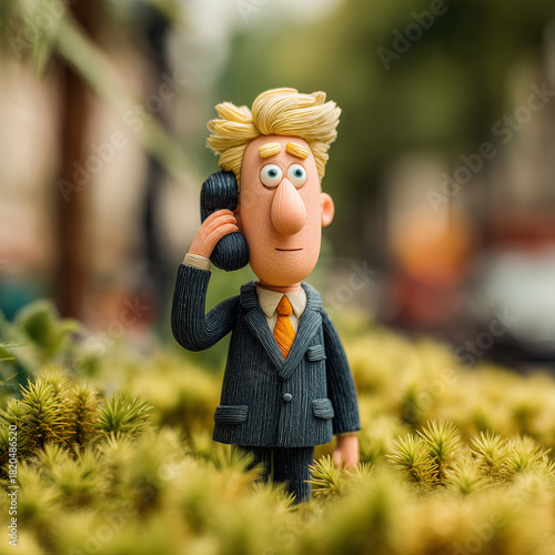 A cartoon man is talking on a cell phone while standing in a field of grass. The scene is lighthearted and playful, with the man dressed in a suit and tie