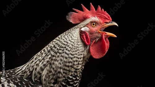 Dramatic rooster crowing loudly with vibrant colors on black, perfect for farm themes or raising awareness about animal welfare and ethical sourcing