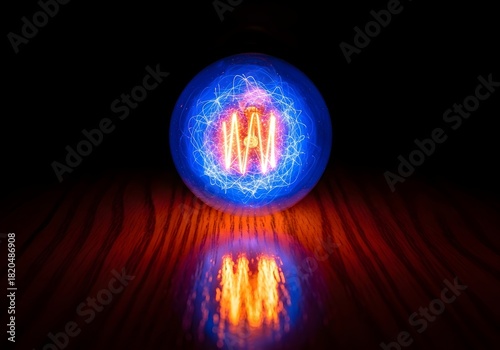 Blue plasma orb with reflection on a dark wooden surface, artistic photography