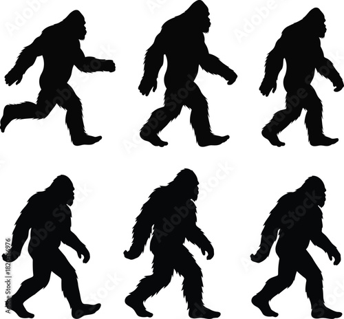 Bigfoot creature walking and running silhouettes vector