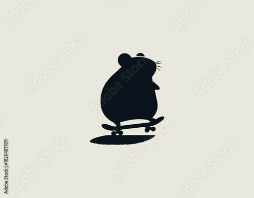 plump black rodent character energetically skateboarding with a joyful expression and a simple line art design.