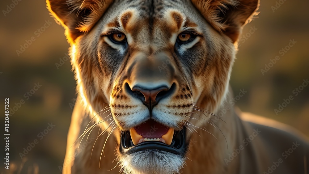 Fototapeta premium jawline. Majestic lioness with a strong jawline basking in golden savanna light. wildlife magazines, conservation campaigns, designed for eco-tourism storytelling, used by nutritionists.