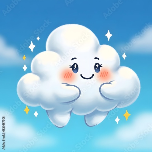 Cartoon cloud with a cute face and rosy cheeks floating in a bright blue sky image