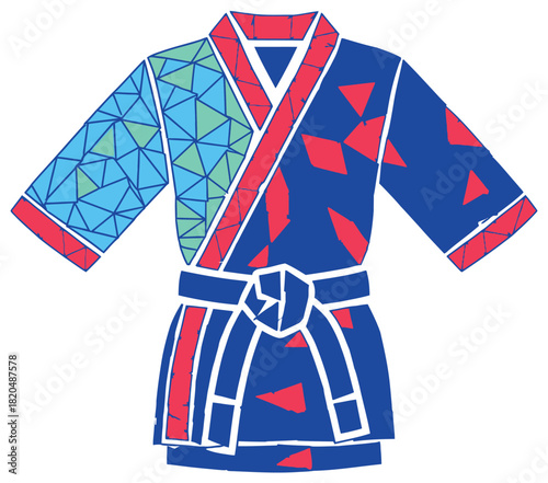Stylized Karate Gi with Geometric Patterns and Red Accents, Martial Arts Uniform Illustration
