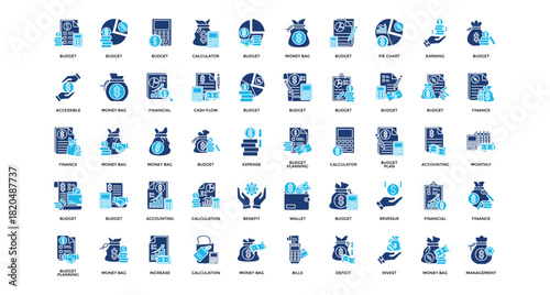 Budgeting icon set collection. Containing invest, calculate, increase, bills, profit, planning, chart .Solid vector icons collection