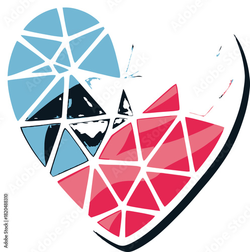 Abstract Geometric Heart Symbol with Broken Segments in Blue, Black, and Pink Colors