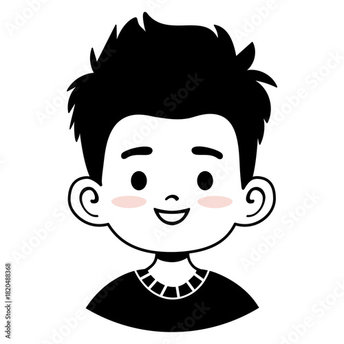 Smiling minimal boy avatar in black and white isolated on white background. Perfect for profile photos, social media branding, messaging apps, stickers, websites and friendly user interface designs.