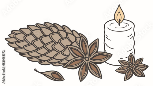 Cozy autumn or winter still life illustration with natural elements, featuring a brown pine cone, aromatic star anise spices, and a glowing lit white candle creating a warm atmosphere