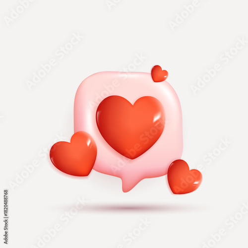 Chat speech bubble with 3d hearts. social media like icon. chat love message with cute 3d hearts. valentine's Day. app love comment. social media concept, love emoticon. 3d vector.