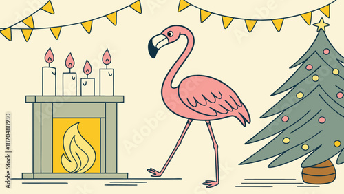 Tropical christmas scene illustration featuring a pink flamingo walking past a decorated fireplace with burning candles and a festive christmas tree under holiday banners, flat design.