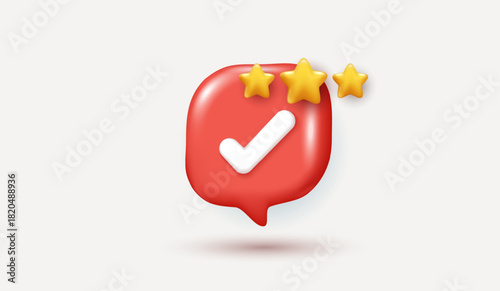 3d check mark with gold stars on red chat bubble, quality assurance concept, customer satisfaction rating, approval icon design, feedback and review illustration on white background. vector design.