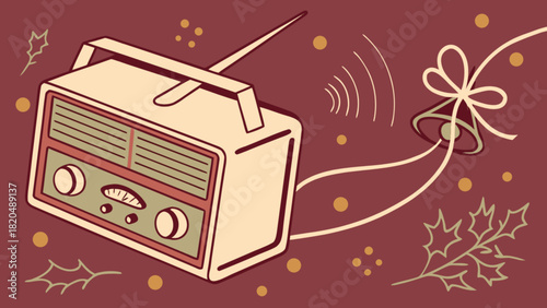 Retro style illustration of a vintage radio playing festive holiday music with sound waves, a decorative christmas bell, and holly leaves on a warm, inviting background.