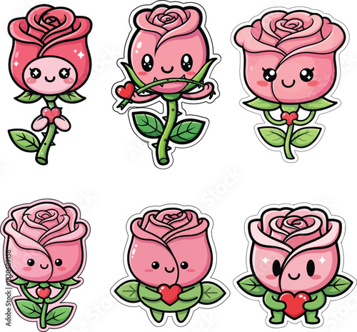 Set of Six Adorable Kawaii Cartoon Pink Rose Characters with Hearts Sticker Vectors