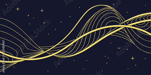Golden glowing wave with sparkling particles and radiant illumination, flowing energy design on an elegant black background, glamorous vector artwork.