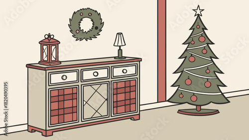 Christmas room interior illustration with a decorated fir tree, a side table adorned with a lantern, a small lamp, and a festive wreath on a light wall