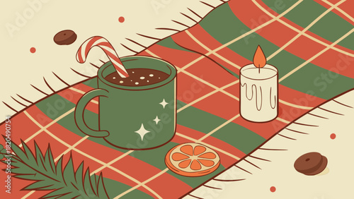 Warm winter illustration featuring hot chocolate with a candy cane, a lit candle, dried orange, and pine branches on a festive plaid blanket, evoking a cozy holiday season ambiance.