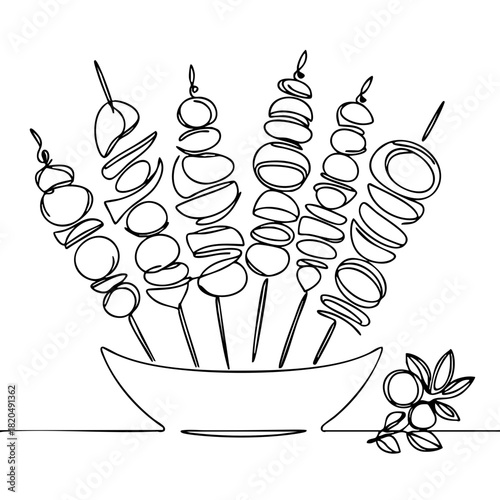 Single line drawing in modern minimalist style of antipasto skewers platter 
