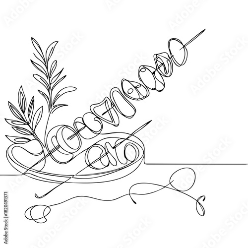 Single line drawing in modern minimalist style of antipasto skewers platter on white background with copy space