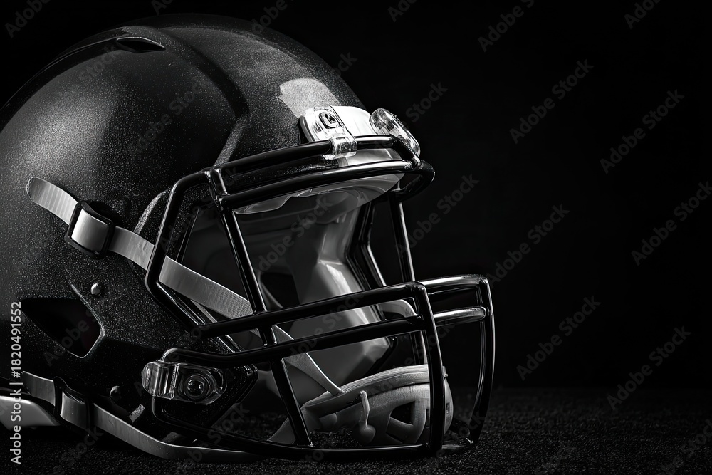 Fototapeta premium A shadowed, close-up shot of a black football helmet, showcasing its detail