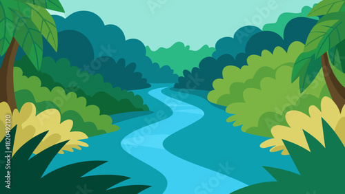 Tropical Rainforest River Vector Illustration 