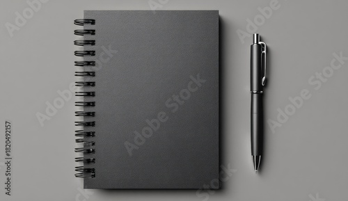 A sleek, dark gray notebook with spiral binding next to a matching pen on a neutral surface