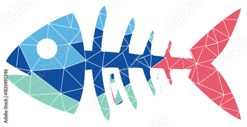 Abstract Geometric Fish Skeleton Illustration in Blue, Green, and Coral Colors