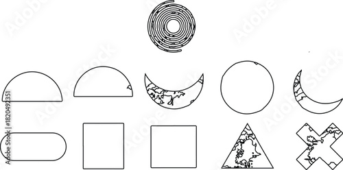  a collection of geometric shapes arranged in two distinct rows, showcasing a variety of forms and designs. Here’s a detailed breakdown of the elements: