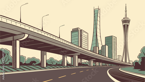 Urban city illustration featuring a multi-lane elevated highway and road leading to a modern skyline with towering skyscrapers and an iconic communication tower, depicting infrastructure.