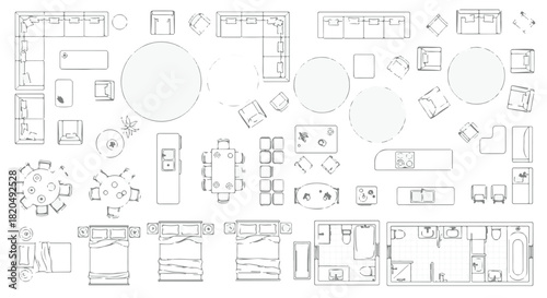 Architectural blueprint top view furniture symbols collection for house interior floor plan layout isolated PNG with Transparent Background