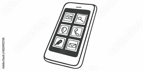 Illustration of a smartphone with various application icons displayed on its screen in black and white