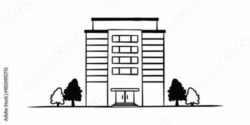 Illustration of a tall building with multiple floors and trees surrounding the base area of the building