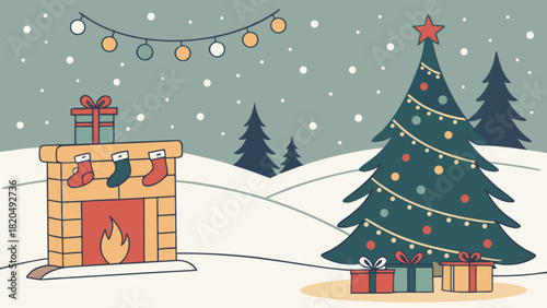Festive christmas scene with a decorated christmas tree and presents in a snowy winter landscape, featuring a cozy fireplace with hung stockings and string lights overhead