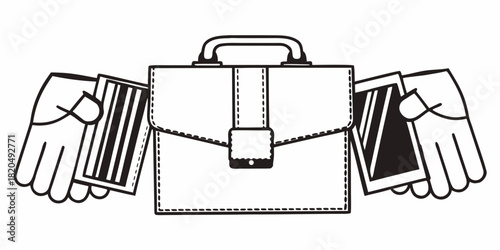 Illustration of hands holding cards next to a briefcase with a handle in black and white style