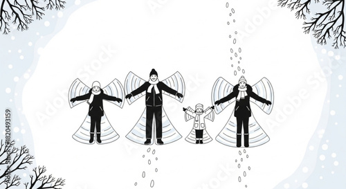 Happy family of four making snow angels together in winter.