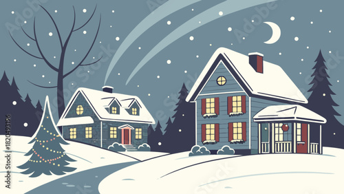Charming winter night scene with snow-covered houses, a festive christmas tree, falling snow, and a crescent moon. peaceful village illustration perfect for holidays and seasonal themes.