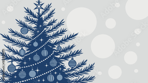 Stylized blue christmas tree illustration with decorative ornaments and sparkling lights, set against a serene grey background with abstract white circles, perfect for festive winter season designs.