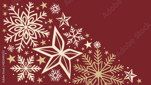 Festive winter holiday illustration featuring elegant snowflakes and stars in a charming corner design on a rich red background, perfect for greeting cards, banners, and seasonal promotions.