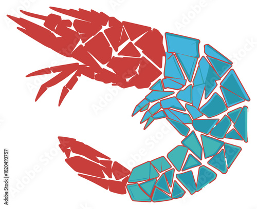 Abstract Geometric Shrimp Illustration with Red and Blue Fragmented Body Design
