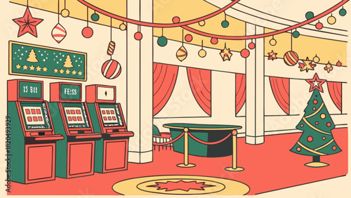 A festive casino interior decorated for christmas with vintage-style slot machines, a central gaming table, and a beautifully adorned christmas tree, all rendered in a flat, retro illustration.