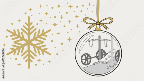 Festive christmas ornament with a detailed barbell bench press inside, celebrating health, fitness, and holiday spirit with a golden snowflake and sparkling backdrop.