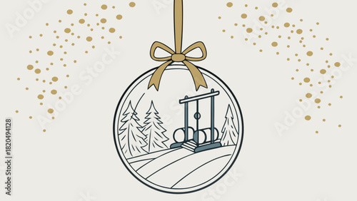 Christmas bauble illustration with industrial oil rig pumpjack in a snowy winter forest landscape, symbolizing energy production and festive season contrast.