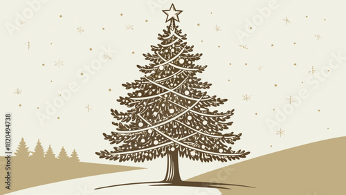 Classic hand drawn christmas tree illustration with festive decorations, a star topper, and snowflakes falling in a serene winter landscape, perfect for holiday greetings and seasonal designs.