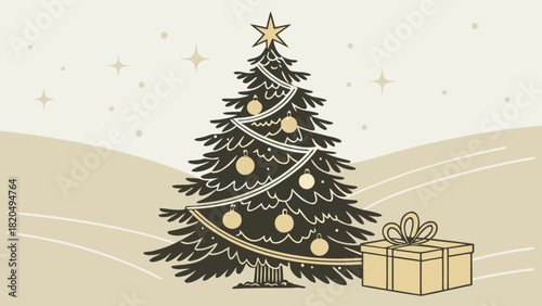 Stylized christmas tree with golden ornaments and star topper alongside a wrapped gift box, set against a subtle beige winter landscape, perfect for festive greetings and holiday design projects.