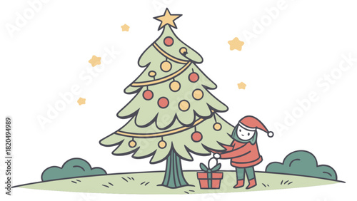Child-like figure in santa hat decorates a vibrant christmas tree adorned with festive ornaments and a star, carefully placing a wrapped gift, embodying holiday spirit and season's joy.