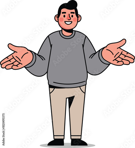 Friendly cartoon man in a grey sweater with outstretched arms in a welcoming gesture.